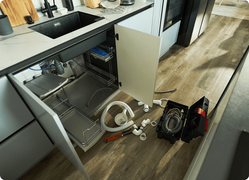 Kitchen sink repair in progress